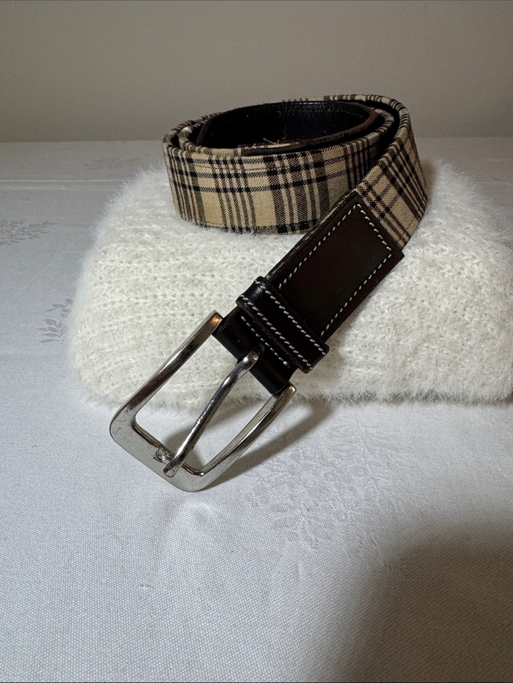 Equine Couture Plaid Fabric Women's Belt with Dark Brown Leather Trim